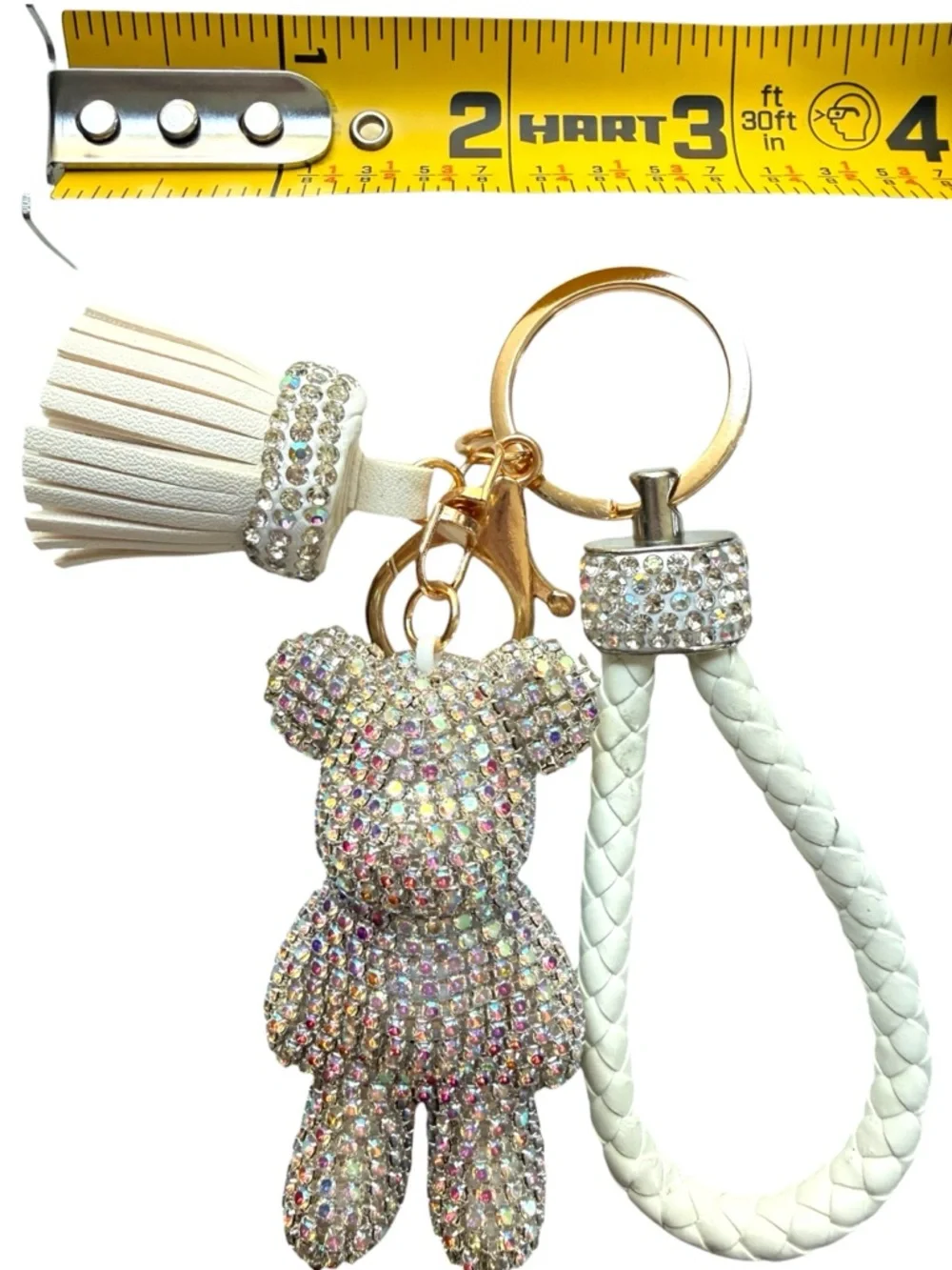 Rhinestone Bear Keychain AB Crystal White Braided Strap Tassel Bag Charm